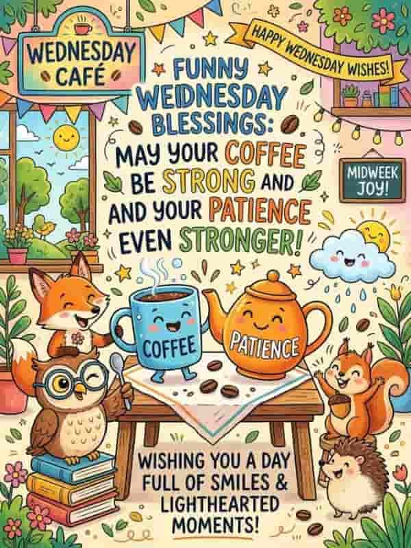 Cute cartoon animals celebrating Wednesday around a table with a mug labeled "Coffee" and a teapot labeled "Patience".