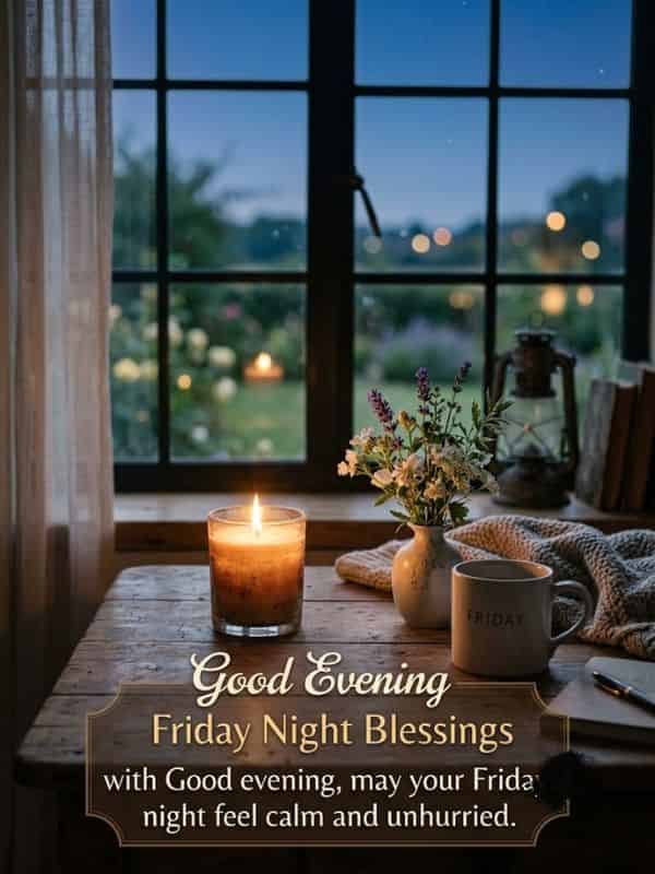 Cozy wooden windowsill scene with a glowing lit candle, a mug, a small vase of flowers, and an elegant card with the text "Good Evening Friday Night Blessings, may your Friday night feel calm and unhurried."
