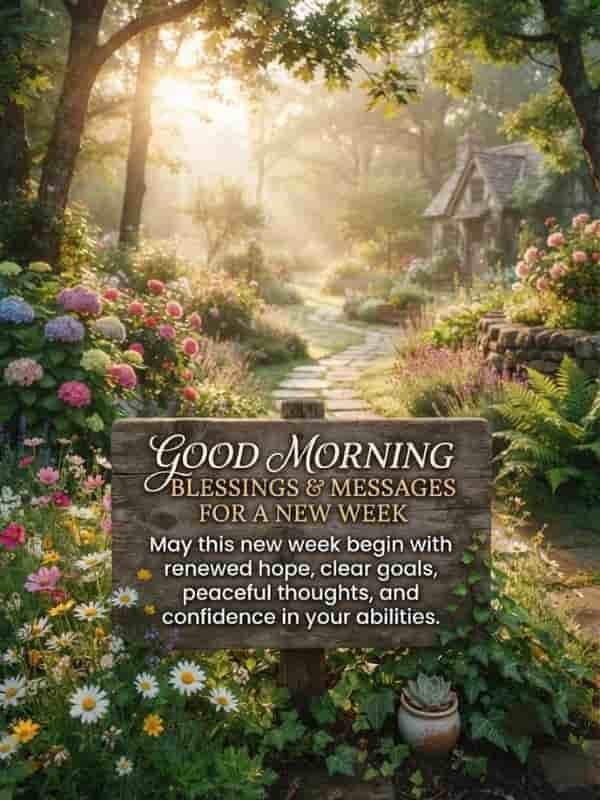 A rustic wooden sign surrounded by blooming wildflowers and greenery in a sunlit garden path, displaying the text "Good Morning Blessings & Messages For A New Week" alongside an uplifting morning message.