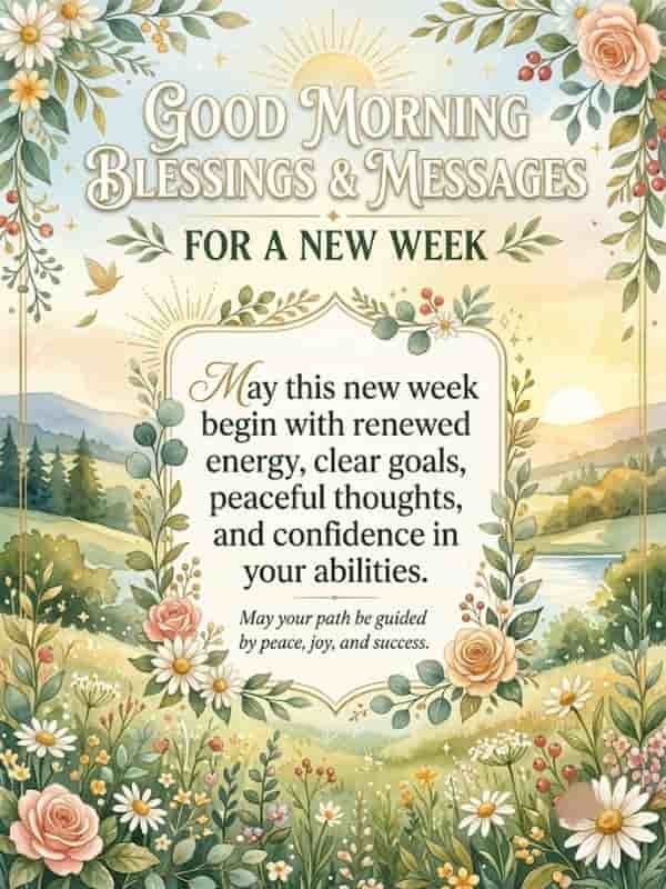 A vertical watercolor image featuring a serene morning landscape with soft hills, flowers, and greenery. The text reads: "Good Morning Blessings & Messages For A New Week" at the top, and "May this new week begin with renewed energy, clear goals, peaceful thoughts, and confidence in your abilities" inside an elegant central frame.