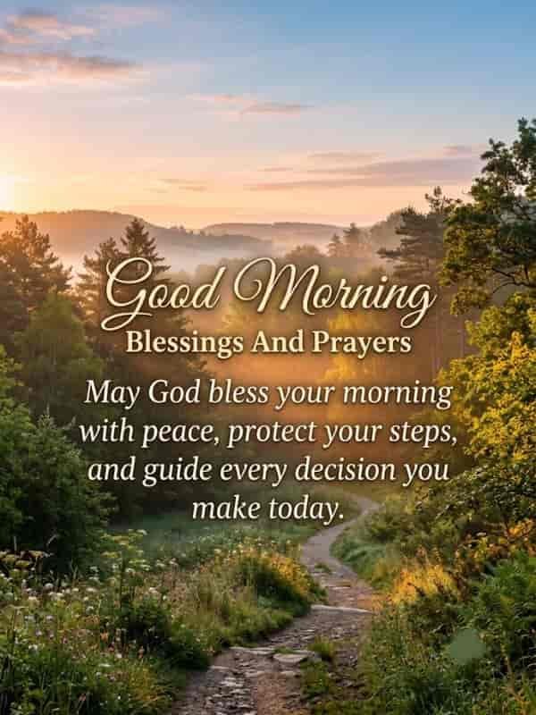 Serene sunrise nature view with text reading: Good Morning Blessings And Prayers - May God bless your morning with peace, protect your steps, and guide every decision you make today.