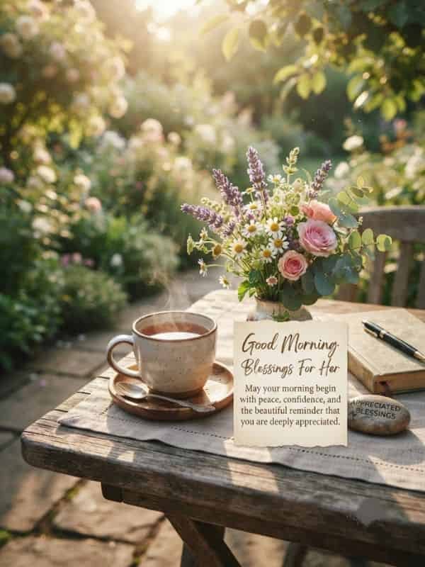 A peaceful morning scene outdoors with a steaming cup of tea, fresh wildflowers in a vase on a rustic wooden table, and a note card displaying the text 'Good Morning Blessings For Her: May your morning begin with peace, confidence, and the beautiful reminder that you are deeply appreciated'.