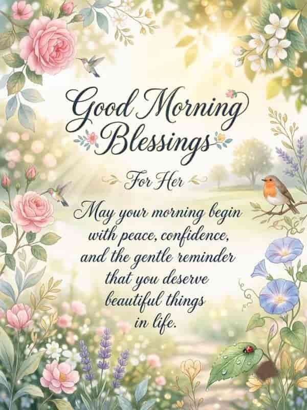 Soft watercolor morning illustration featuring floral frame with roses, lavender, hummingbirds, and robin bird displaying the text 'Good Morning Blessings For Her: May your morning begin with peace, confidence, and the gentle reminder that you deserve beautiful things in life.
