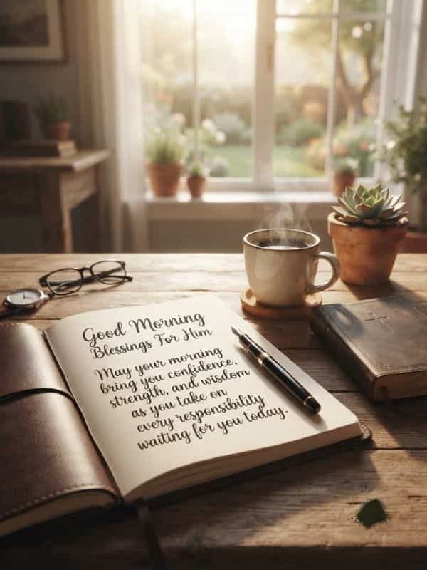 A warm, sunlit wooden desk setup featuring an open journal with handwritten text, a steaming ceramic mug of coffee, glasses, a pocket watch, and a closed leather-bound book in the background.