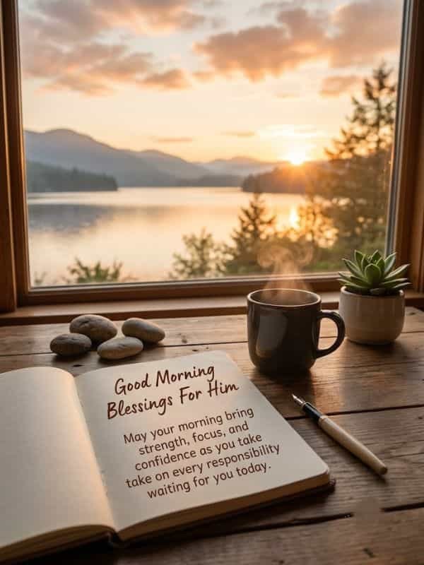 Good Morning Blessings For Him image featuring an open notebook with inspirational text, a steaming coffee mug, and a tranquil lake view at sunrise.