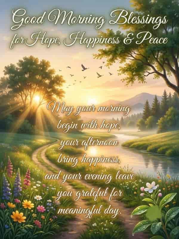 A serene morning landscape with a winding dirt path alongside a calm river, featuring lush green trees, blooming wildflowers, and soft sunlight shining through the sky, overlaid with the text: "Good Morning Blessings for Hope, Happiness & Peace: May your morning begin with hope, your afternoon bring happiness, and your evening leave you grateful for a meaningful day."