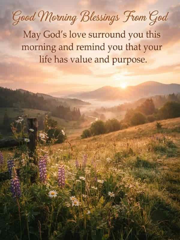 A peaceful sunrise over a misty mountain valley with a meadow of wildflowers and a wooden fence in the foreground, featuring the text 'Good Morning Blessings From God: May God's love surround you this morning and remind you that your life has value and purpose.