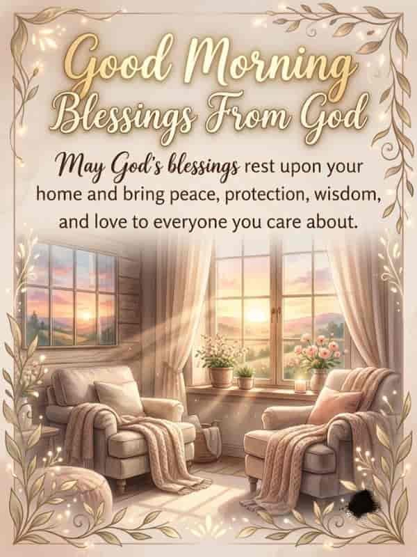 A serene living room scene featuring soft morning light entering through a large window, decorated with soft armchairs, plants, and an inspirational quote reading 'Good Morning Blessings From God: May God's blessings rest upon your home...' in an elegant frame.