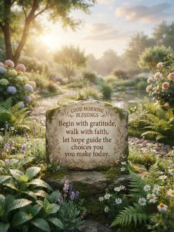 A stone plaque set amidst a lush, dew-kissed garden at sunrise, featuring the engraved text "GOOD MORNING BLESSINGS: Begin with gratitude, walk with faith, let hope guide the choices you make today." The surrounding landscape includes vibrant green foliage, blooming lavender, white wildflowers, ferns, and a gentle path winding through trees under a soft, golden morning sky.