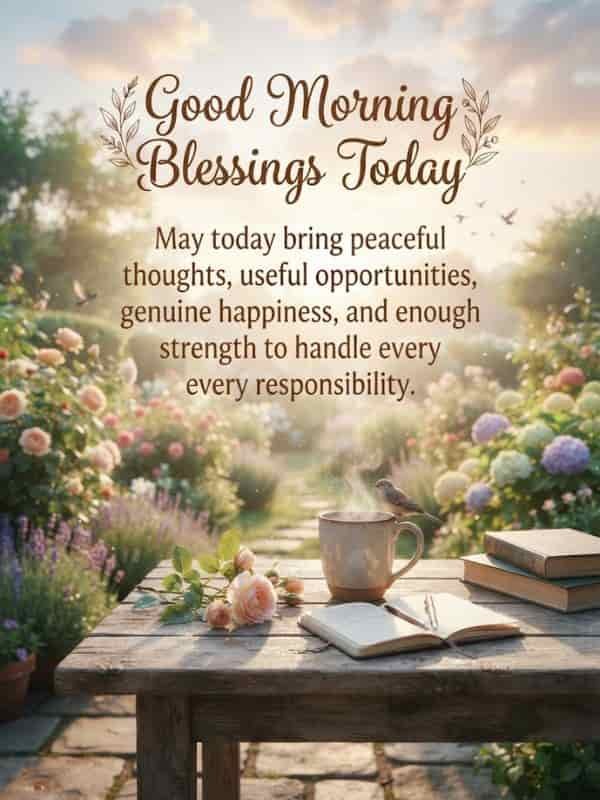 A peaceful morning garden scene with a wooden table holding a steaming mug of coffee, an open journal, books, and soft pink roses, overlaid with text that reads 'Good Morning Blessings Today: May today bring peaceful thoughts, useful opportunities, genuine happiness, and enough strength to handle every responsibility.