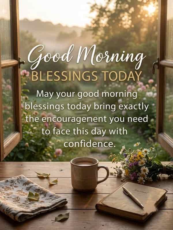 A cozy morning scene by an open window with a cup of coffee, journal, and flowers, featuring the text 'Good Morning Blessings Today' with an encouraging message.