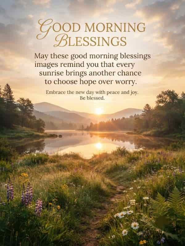 A serene 3:4 sunrise landscape featuring a calm lake reflecting the golden morning sun, surrounded by rolling hills, lush green trees, and wildflowers along a grassy path, with the text 'GOOD MORNING BLESSINGS: May these good morning blessings images remind you that every sunrise brings another chance to choose hope over worry.