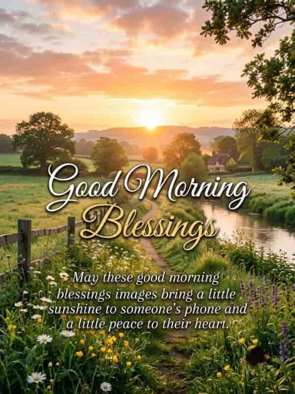 Peaceful sunrise landscape over a lush green meadow with a winding path and calm river, featuring the text "Good Morning Blessings" and "May these good morning blessings images bring a little sunshine to someone’s phone and a little peace to their heart."