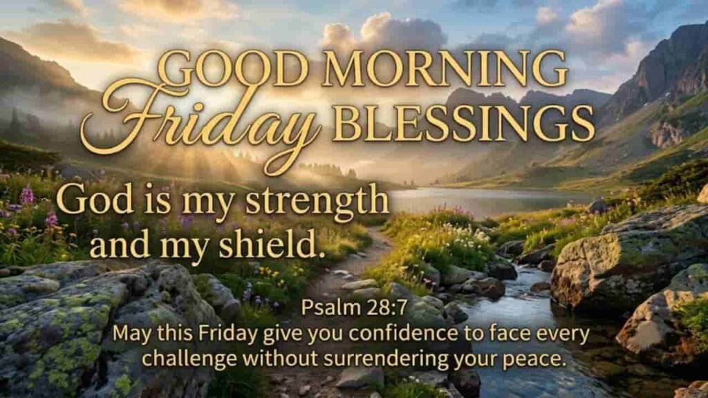 Good Morning Friday Blessings image featuring Psalm 28:7 scripture on a serene mountain landscape with a flowing river and sunrise.