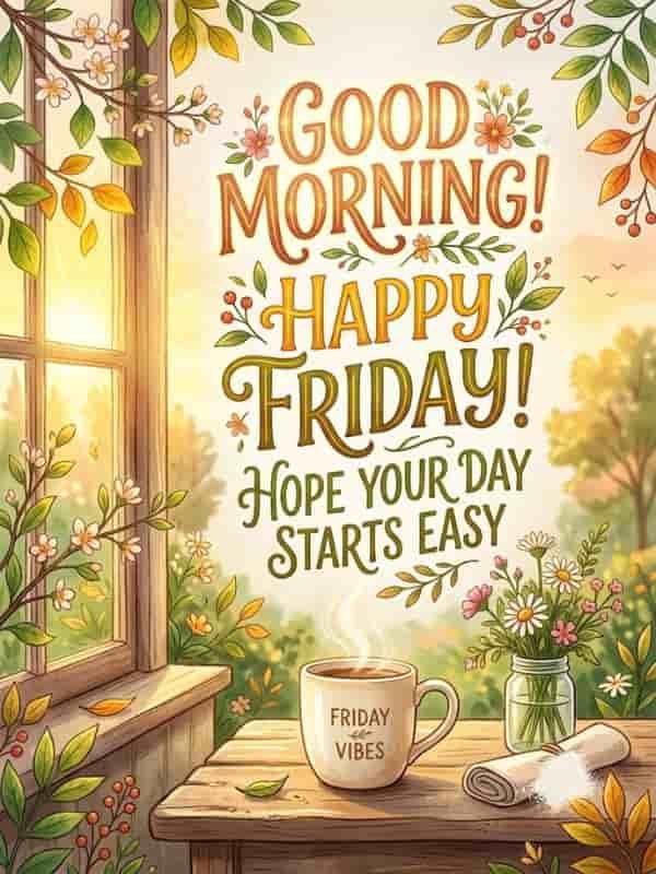 A warm watercolor illustration of a morning scene with a coffee mug, jar of flowers, and the text "Good morning! Happy Friday! Hope your day starts easy."
