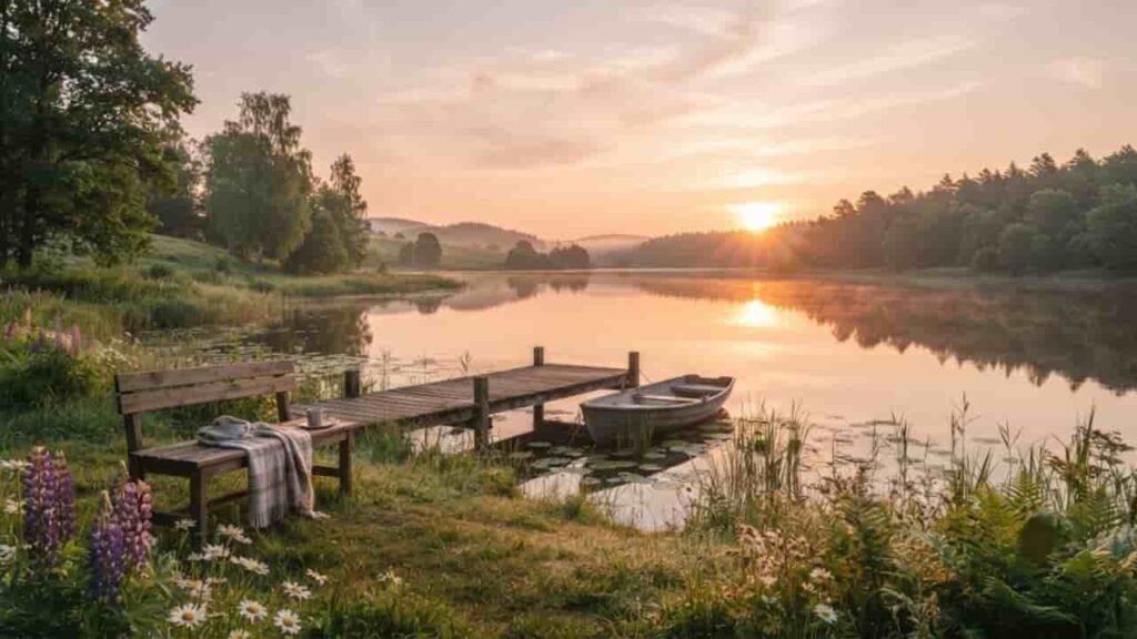 A peaceful lakeside sunrise with a wooden dock, a small boat, and wildflowers in 16:9 ratio.