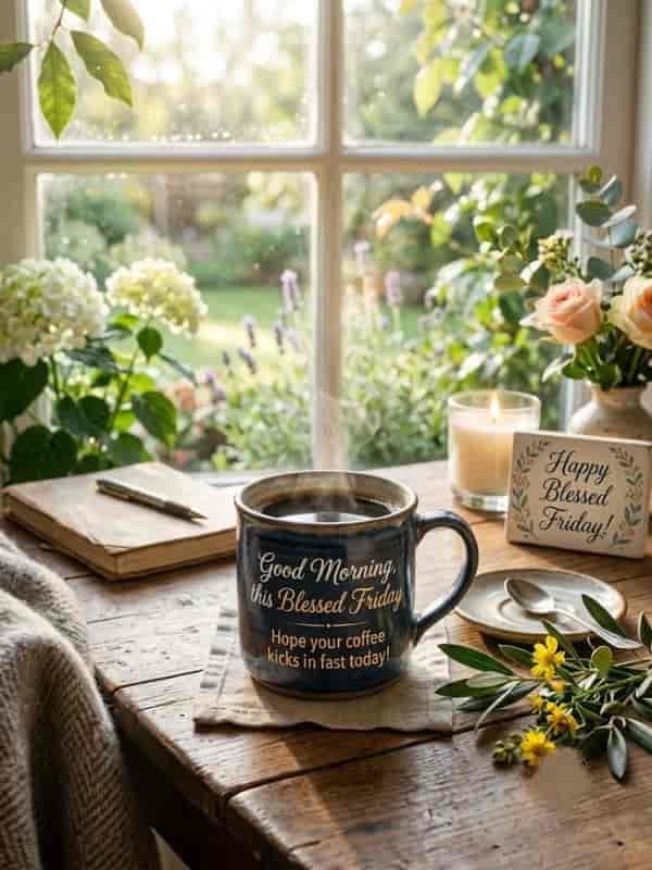 Steaming cup of coffee on a cozy wooden table near a window, with text reading "Good Morning, this Blessed Friday" and "Happy Blessed Friday!"