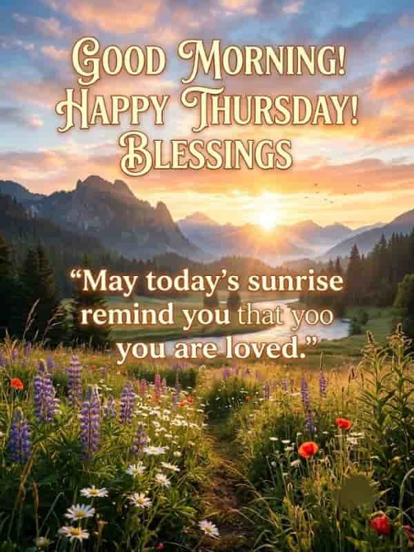 A scenic mountain landscape at sunrise with a wildflower meadow and the text: "Good Morning! Happy Thursday! Blessings. 'May today's sunrise remind you that you are loved.
