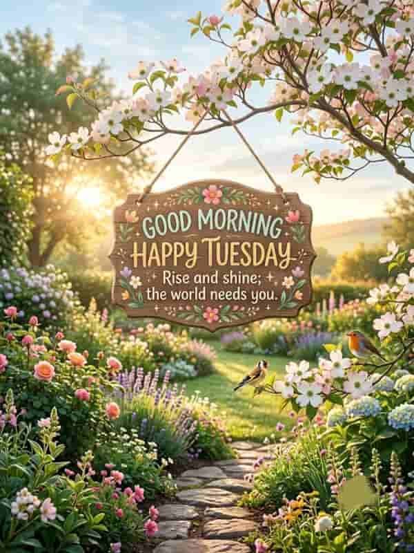 Wooden sign hanging in a blooming flower garden with text reading "Good morning Happy Tuesday! Rise and shine; the world needs you."
