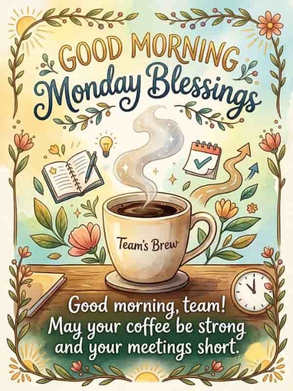 An illustrated Monday blessings greeting card featuring a steaming cup of coffee on a wooden desk alongside a notebook, clock, and calendar. Bright floral vines frame the border, with the text reading "Good morning, team! May your coffee be strong and your meetings short."