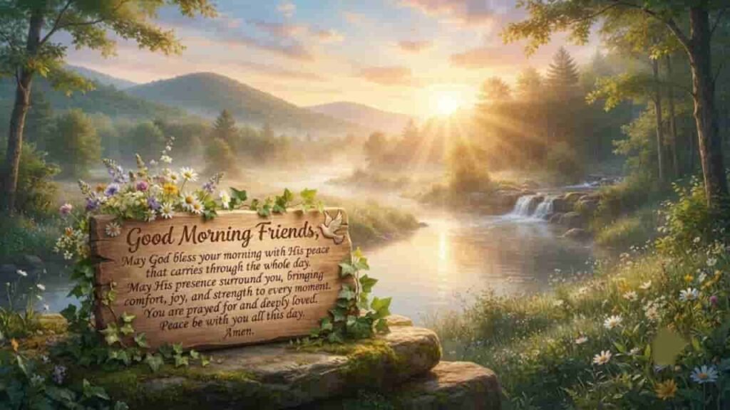 A serene 16:9 landscape at sunrise featuring a peaceful river, lush green forests, wildflowers, and a wooden carved sign resting on mossy stones with a morning prayer and a small dove.