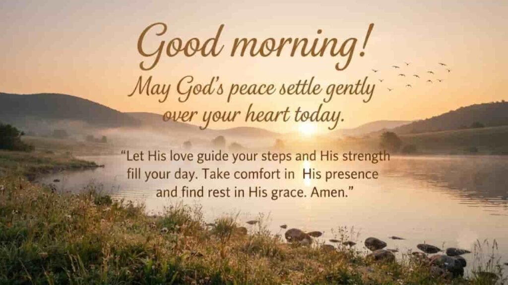 A peaceful sunrise over a calm lake with lush green grass, dew-dropped plants, and birds flying in the sky, paired with a morning prayer quote.