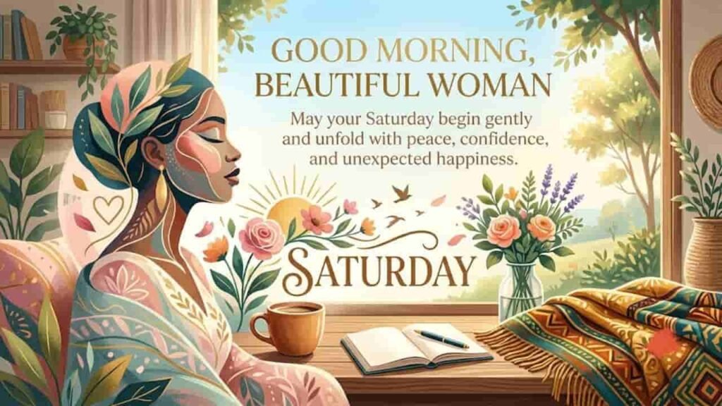 An artistic graphic featuring the text "Good morning, beautiful woman; may your Saturday begin gently and unfold with peace, confidence, and unexpected happiness" next to an abstract stylized illustration of a Black woman by a sunny window with plants, coffee, and a journal.