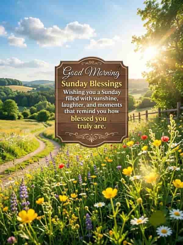 A bright, sunlit wildflower field under a clear blue sky, featuring a wooden plaque with the text "Good Morning Sunday Blessings - Wishing you a Sunday filled with sunshine, laughter, and moments that remind you how blessed you truly are."