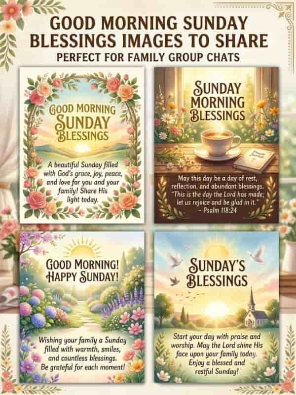 A collection of four Sunday morning blessing greeting cards featuring colorful floral frames, a serene landscape with a sunrise, a cozy teacup setting, and a country church under a bright morning sun.