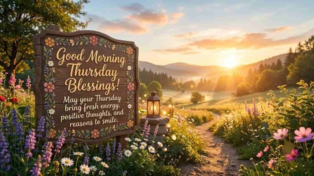 A rustic wooden sign in a sunlit flower field reading "Good Morning Thursday Blessings! May your Thursday bring fresh energy, positive thoughts, and reasons to smile."