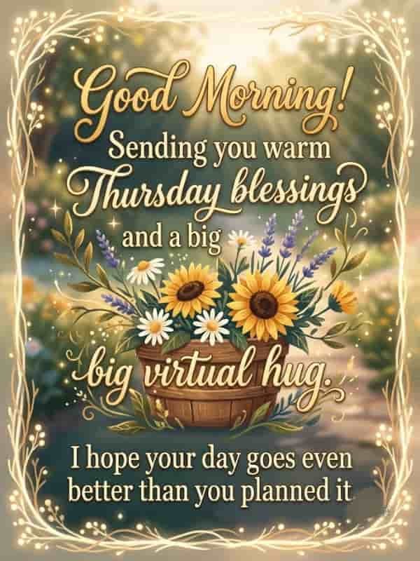 A warm Thursday blessings greeting card featuring sunflowers, daisies, and lavender in a wooden basket against a glowing morning garden background, adorned with elegant typography.