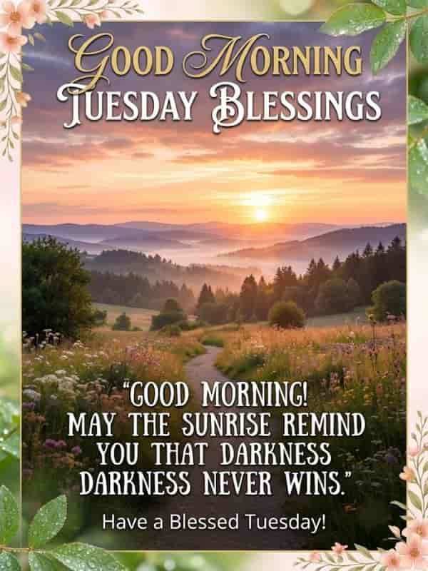 A glowing sunrise over misty hills and a wildflower path with floral borders, featuring the text "Good Morning Tuesday Blessings" and "Good morning! May the sunrise remind you that darkness never wins."