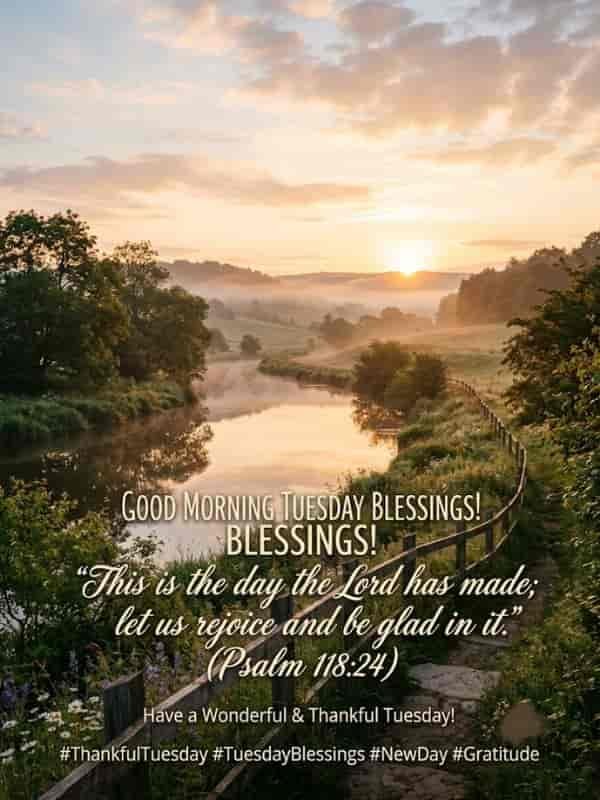 Soft morning sunlight rising over a misty river and countryside path, featuring the text "Good Morning Tuesday Blessings! This is the day the Lord has made; let us rejoice and be glad in it. (Psalm 118:24) Have a Wonderful & Thankful Tuesday!"