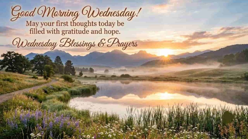 A peaceful sunrise over a tranquil lake and mountain valley framed by wildflowers, featuring the text "Good Morning Wednesday! May your first thoughts today be filled with gratitude and hope. Wednesday Blessings & Prayers.