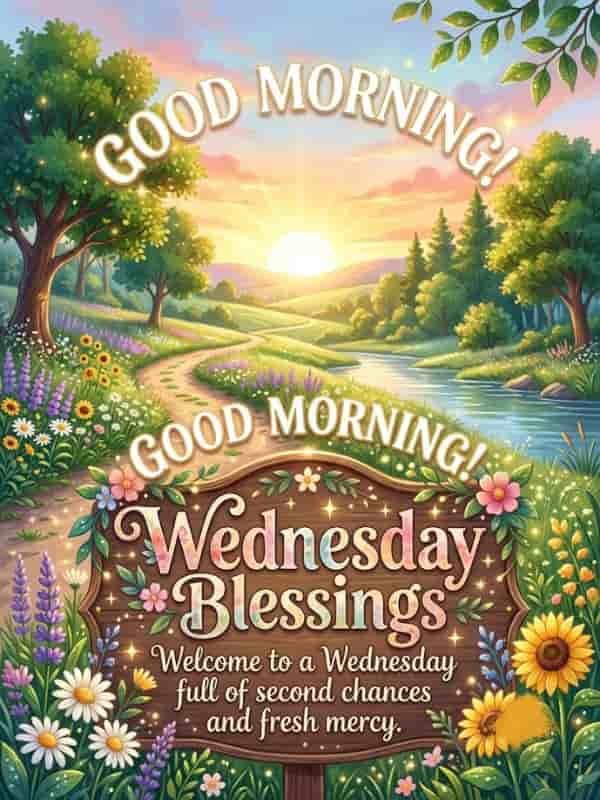 A serene morning landscape with a sunrise over rolling green hills and a gentle river, framed by blooming wildflowers. A wooden sign in the foreground displays the message: "Good Morning! Wednesday Blessings - Welcome to a Wednesday full of second chances and fresh mercy."