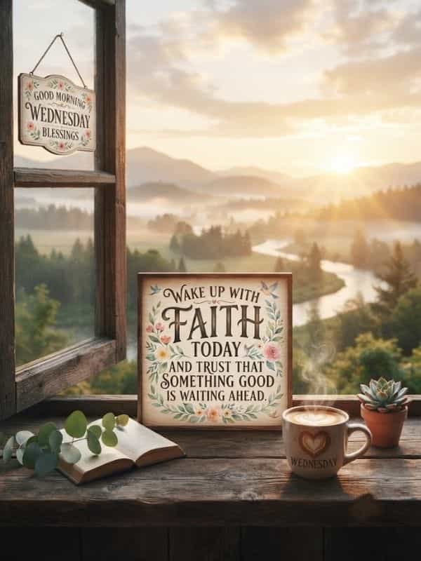 A cozy Wednesday morning scene viewed from a wooden window sill, featuring a framed sign that reads "Wake up with faith today and trust that something good is waiting ahead," alongside a steaming cup of coffee, an open book, and a scenic sunrise landscape in the background.