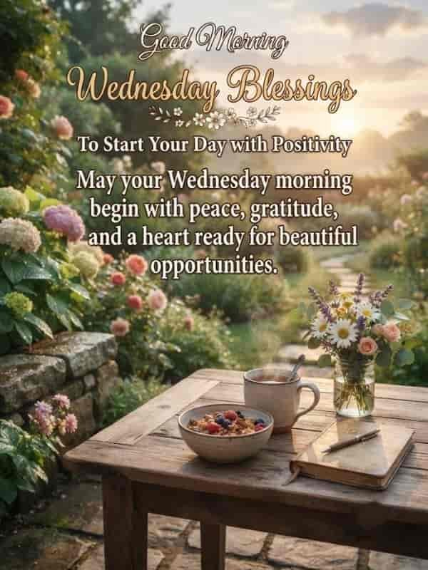 A serene Wednesday morning garden setting with a wooden table featuring a bowl of oatmeal, a steaming cup of coffee, a notebook, and a vase of flowers, overlaid with the text 'Good Morning Wednesday Blessings'.