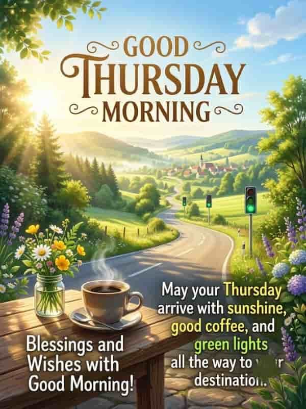 A warm, sunny morning landscape featuring a steaming cup of coffee and fresh wildflowers on a wooden table, overlooking a scenic winding road with green traffic lights.