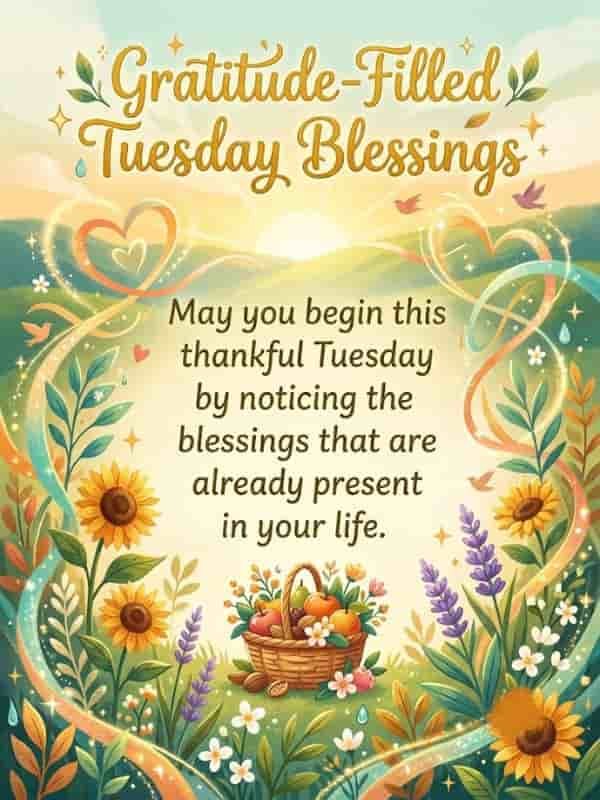 A colorful illustration with the text "Gratitude-Filled Tuesday Blessings" at the top and "May you begin this thankful Tuesday by noticing the blessings that are already present in your life" in the center. The image is framed with vibrant sunflowers, lavender, leaves, birds, and a central basket of harvest fruits.
