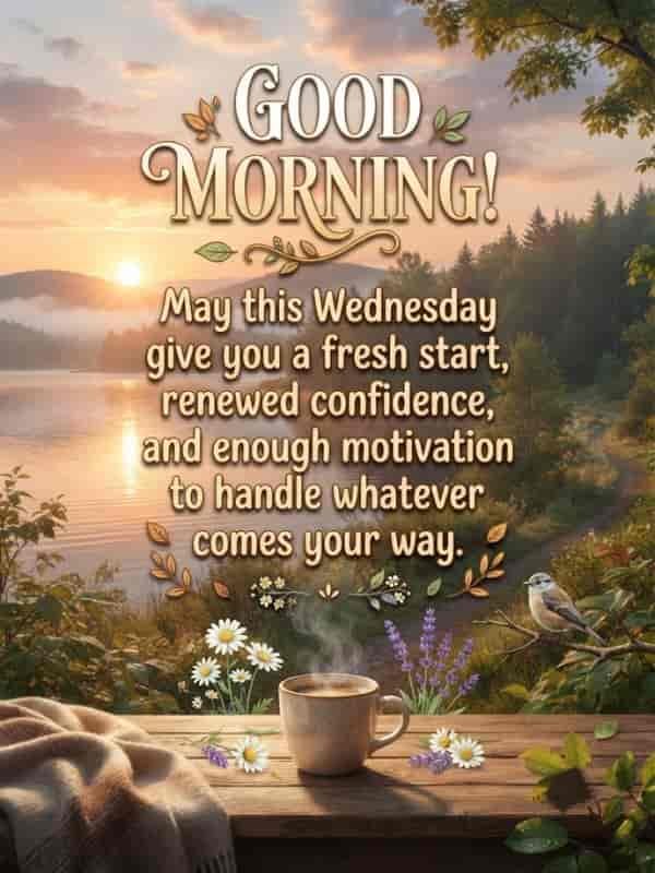 A scenic morning view of a misty lake at sunrise with a steaming cup of coffee on a wooden table, wildflowers, a small bird perched on a branch, and text reading 'Good Morning! May this Wednesday give you a fresh start, renewed confidence, and enough motivation to handle whatever comes your way.