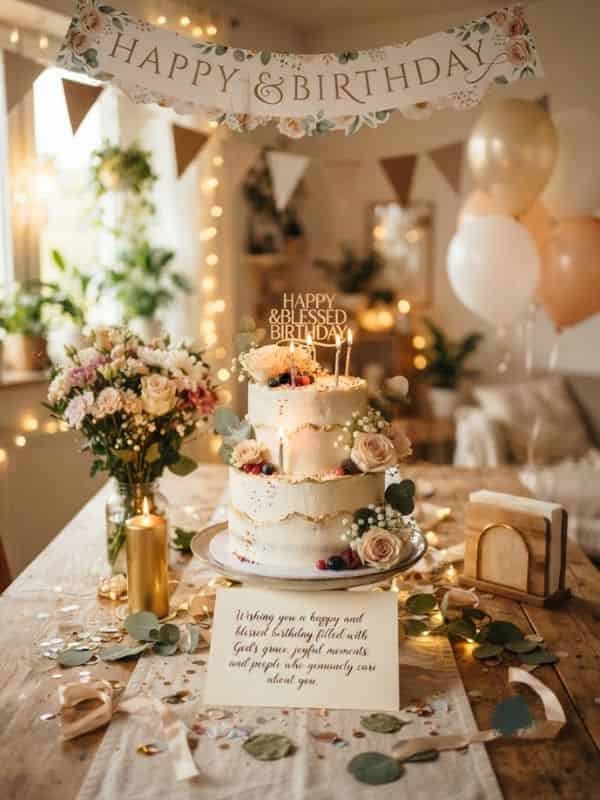 A celebratory birthday setup on a wooden table featuring a two-tier white cake decorated with gold accents, floral arrangements, candles, balloons, a "Happy & Blessed Birthday" banner, and a greeting card with a heartfelt message.