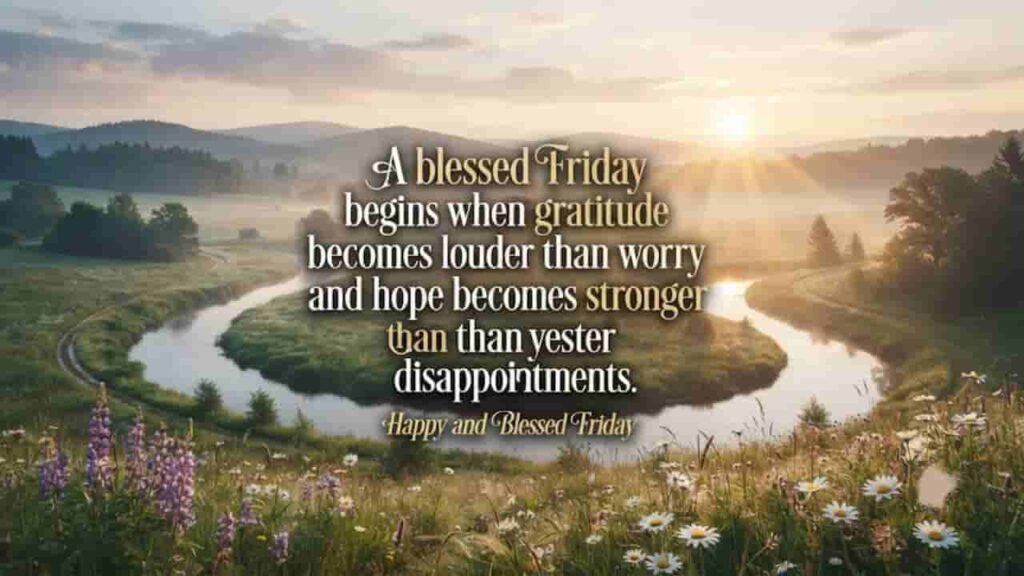 A scenic 16:9 landscape of a tranquil winding river at sunrise through green hills, featuring wildflowers in the foreground and the inspirational quote: 'A blessed Friday begins when gratitude becomes louder than worry and hope becomes stronger than yesterday's disappointments. Happy and Blessed Friday.