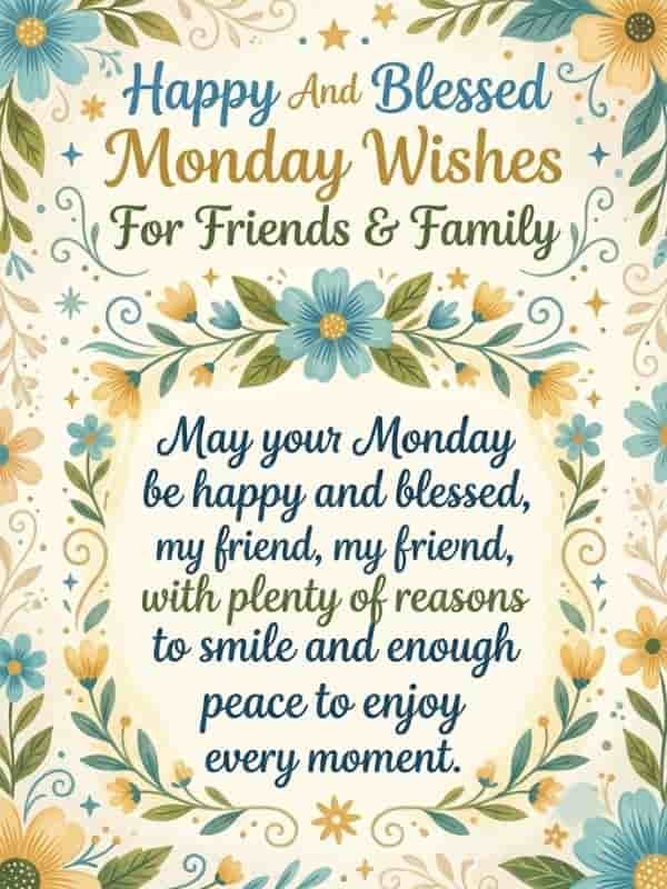 Warm floral greeting card with text 'Happy And Blessed Monday Wishes For Friends & Family' and an uplifting Monday blessing message surrounded by blue and yellow botanical illustrations.