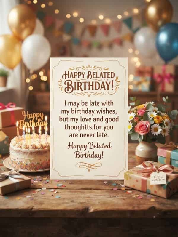 A festive birthday card placed on a wooden table, featuring the text: 'I may be late with my birthday wishes, but my love and good thoughts for you are never late. Happy belated birthday!' surrounded by a birthday cake, balloons, gifts, and flowers.