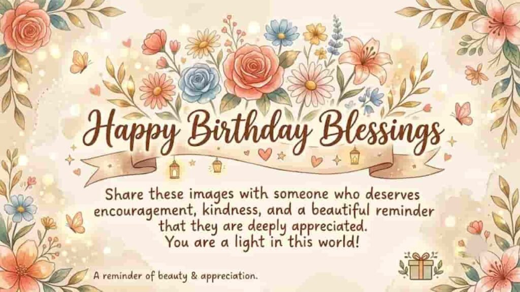 Happy Birthday Blessings banner featuring soft watercolor florals, lanterns, and warm appreciation message.