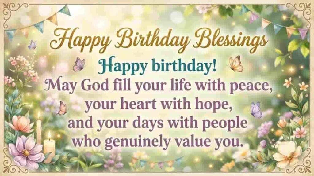 Happy Birthday Blessings card with floral frame, butterflies, candles, and uplifting religious message set against a soft sunlit garden background.
