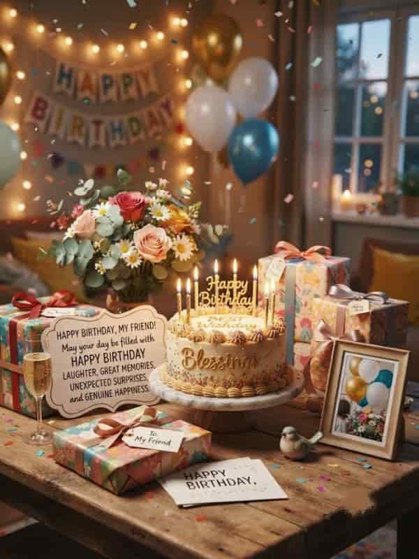 A festive birthday celebration setup on a wooden table, featuring a decorated cake with lit candles, wrapped presents, a bouquet of flowers, a glass of champagne, and a sign that reads, "HAPPY BIRTHDAY, MY FRIEND! May your day be filled with HAPPY BIRTHDAY BLESSINGS, LAUGHTER, GREAT MEMORIES, UNEXPECTED SURPRISES, AND GENUINE HAPPINESS.