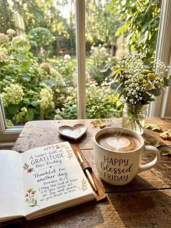 A steaming cup of coffee with heart latte art reading "Happy Blessed Friday" on a rustic wooden table by a sunlit window overlooking a garden. Next to it is an open journal inscribed with "A heart full of GRATITUDE this Friday".
