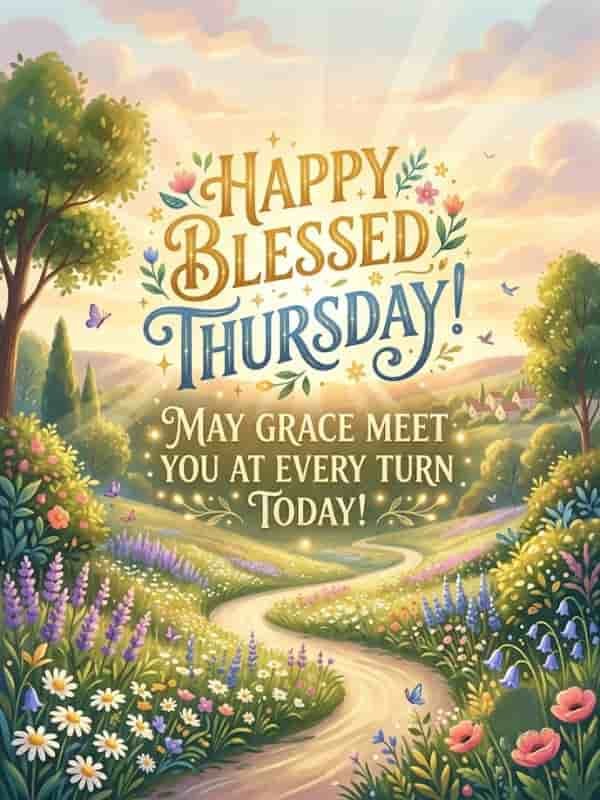 An artistic illustration of a winding pathway through a vibrant flower meadow bathed in warm morning light, featuring the text "Happy Blessed Thursday! May grace meet you at every turn today!" in elegant calligraphy.
