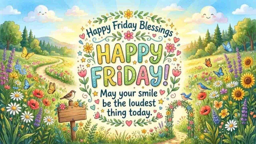 Happy Friday blessings greeting with colorful flowers, butterflies, and quote May your smile be the loudest thing today.